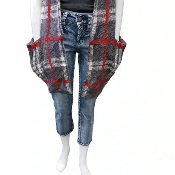 Tahari Wool Blend Plaid Chunky Knit Open Cardigan Size Medium - Picture 4 of 9